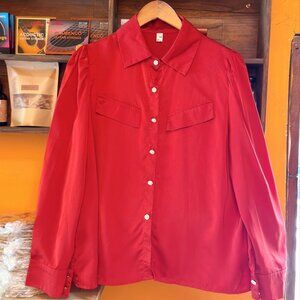 Red Satin Pearl Button Down Puff Sleeve Blouse Chic ❤️